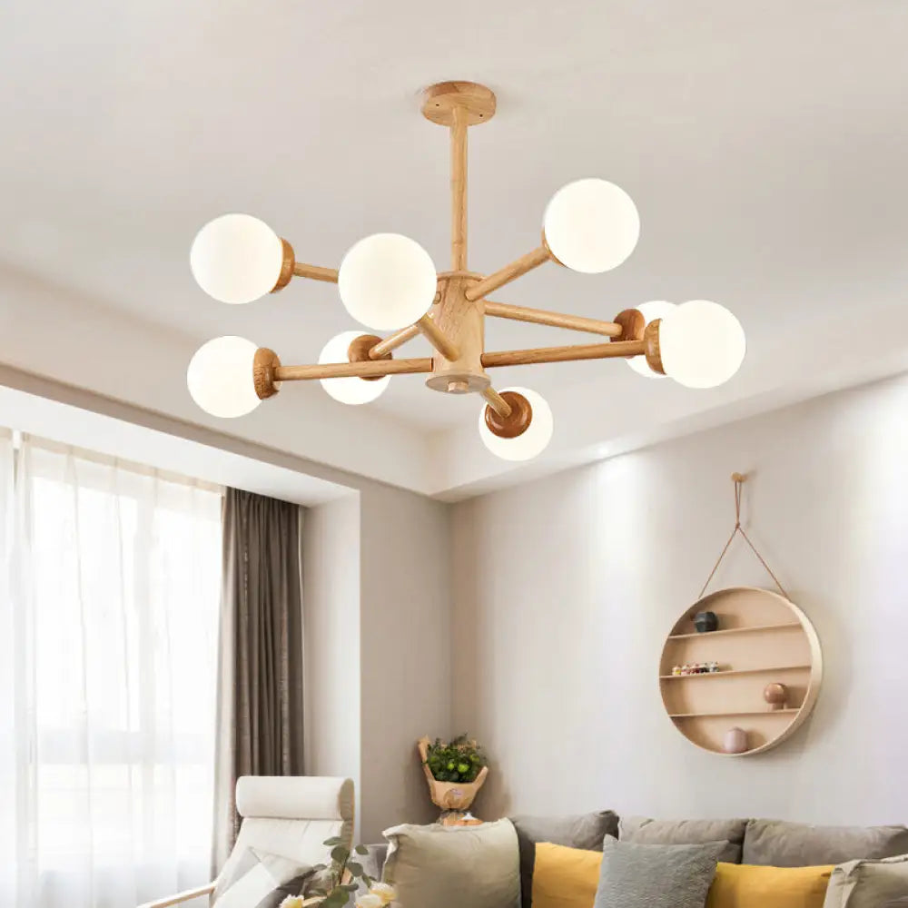 Sleek Minimalist Cream Glass Bedroom Chandelier Light With Wood-Embellished Modo Shaped
