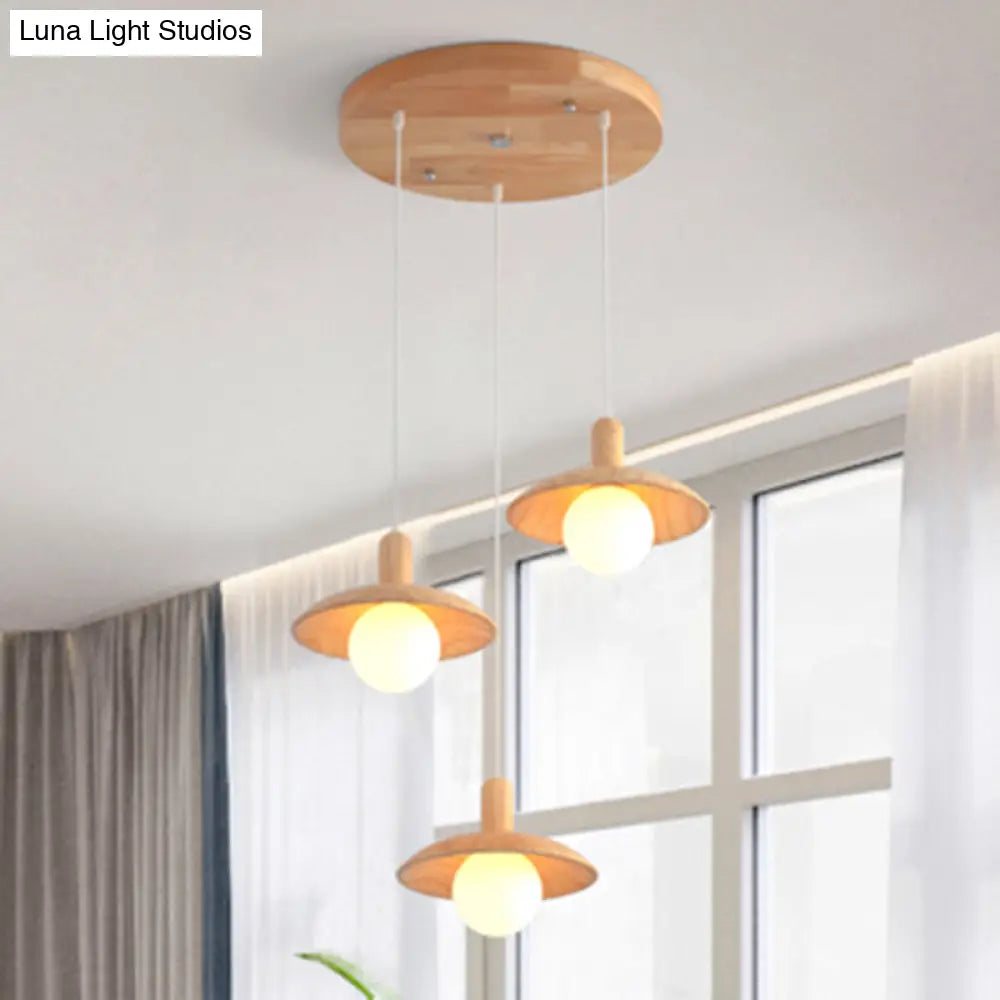 Minimalist Wood Pendant Light with 3 Bulbs for Restaurants Funnel Shade Hanging Fixture