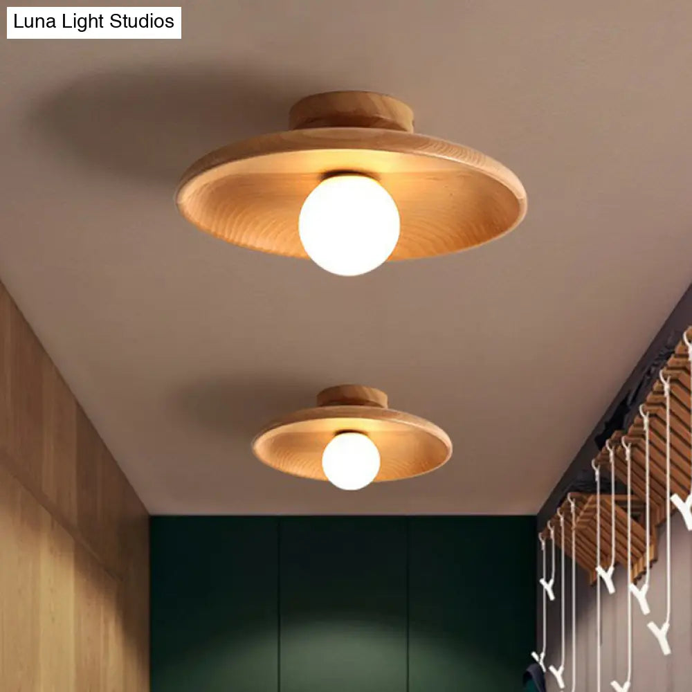 Minimalist Wooden Flush Mount Ceiling Lamp- Shallow Bowl Shape 1 Head- Perfect For Aisles