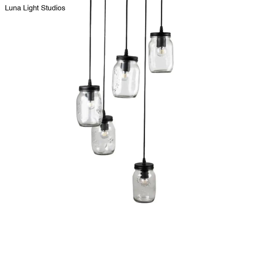 Modern Black 5-Light Cluster Pendant With Clear Glass Jar Shades - Hanging Light Fixture Cord/Chain