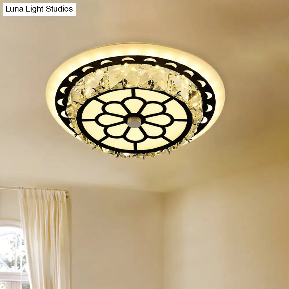 Modern Black Floral Pattern Crystal Led Ceiling Light - Beveled Round/Square Flushmount Lamp For