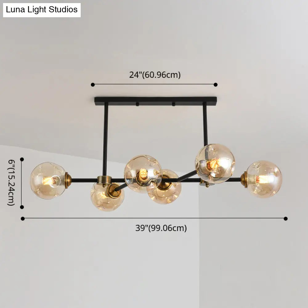 Modern Black Glass Island Pendant Light With 6 Spherical Lights For Dining Table