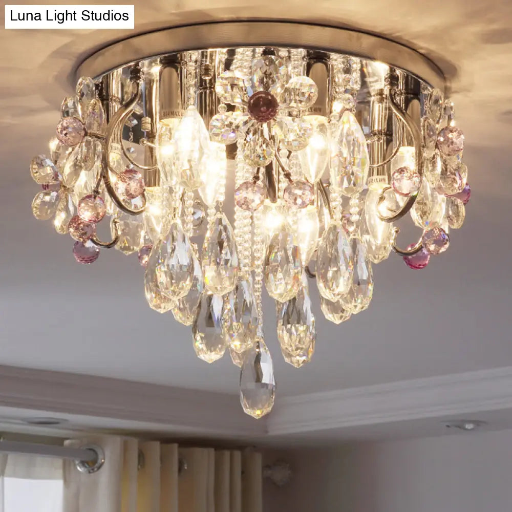 Modern Ceiling Mount Light With Crystal Teardrops And Chrome Finish For Bedrooms