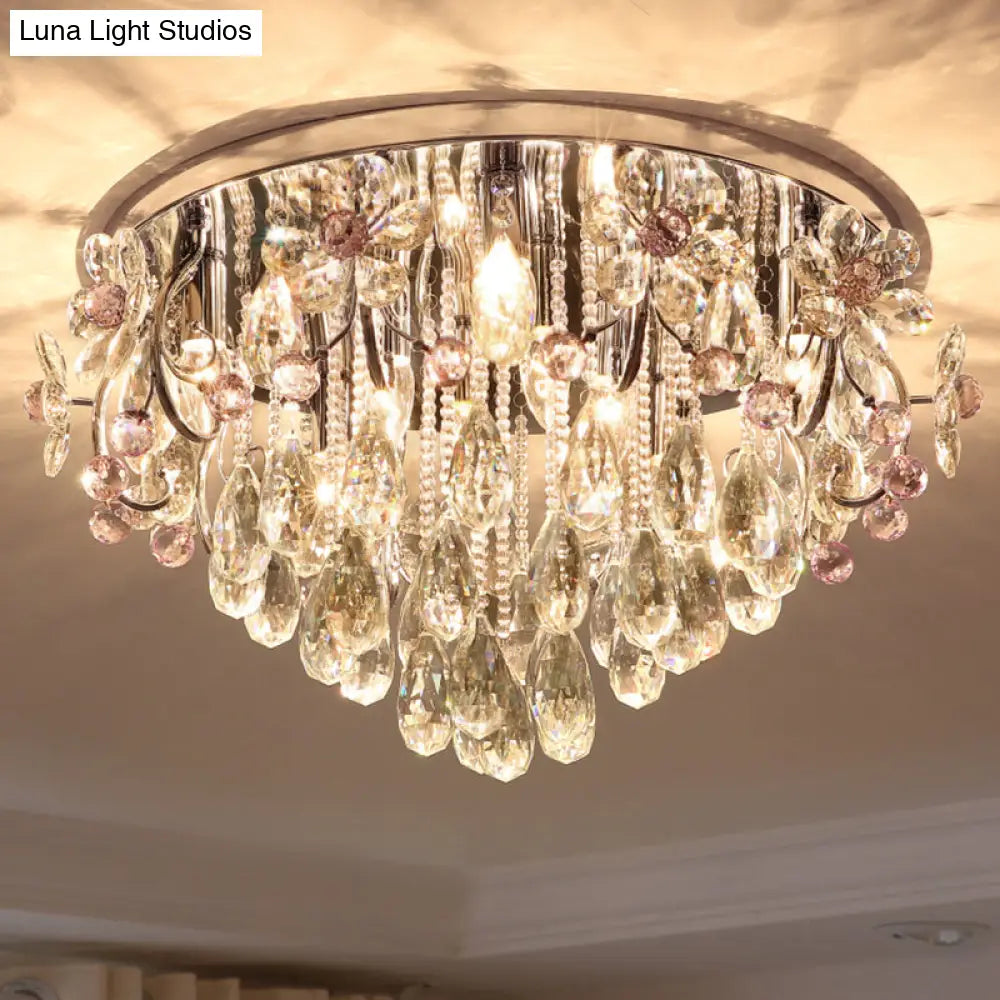 Modern Ceiling Mount Light With Crystal Teardrops And Chrome Finish For Bedrooms