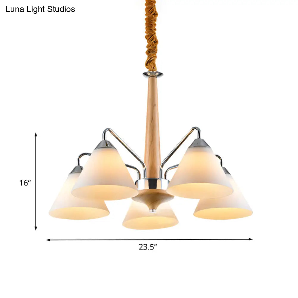 Modern Chrome And Wood Conical Chandelier With Frosted Glass - 3/5 Lights