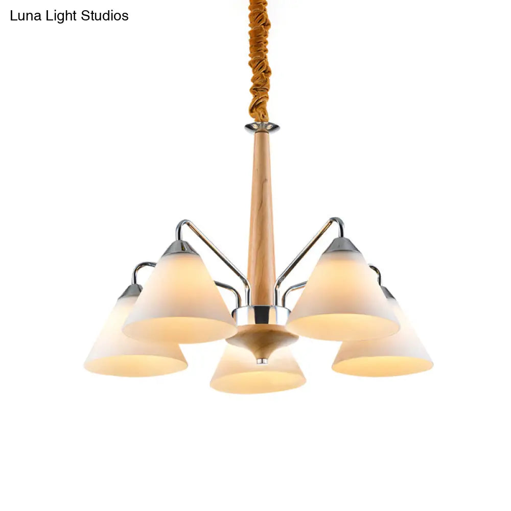 Modern Chrome And Wood Conical Chandelier With Frosted Glass - 3/5 Lights