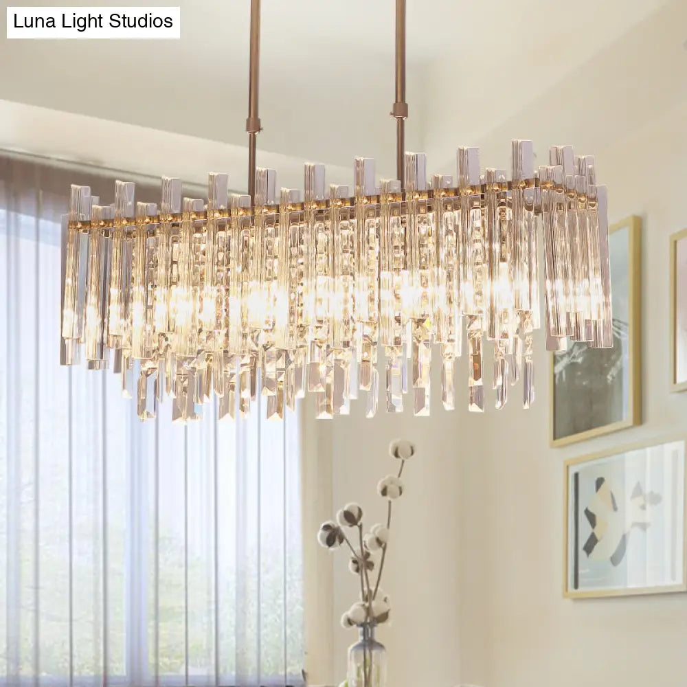 Modern Crystal Block 5-Light Chrome Chandelier - Rectangular Hanging Light Fixture For Dining Room