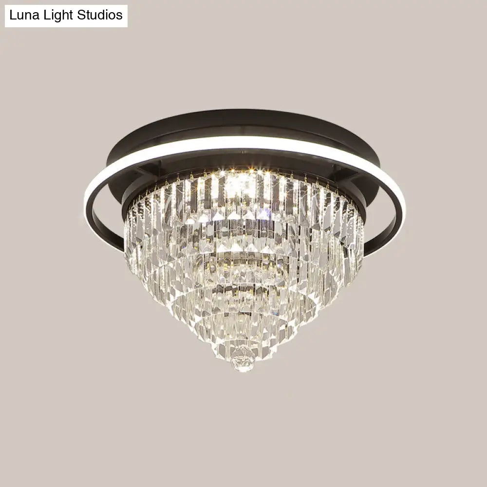 Modern Crystal Led Bedroom Flush Light With Prism Cone And Halo Ring