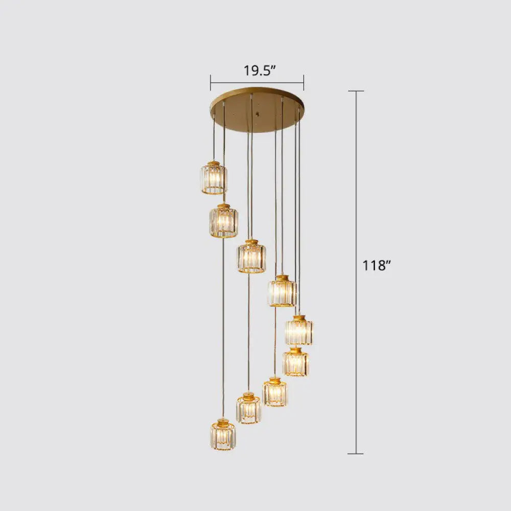 Modern Crystal Pendant Chandelier - Cylindrical Shape Prismatic Crystals Multi-Light Design 9 / Gold