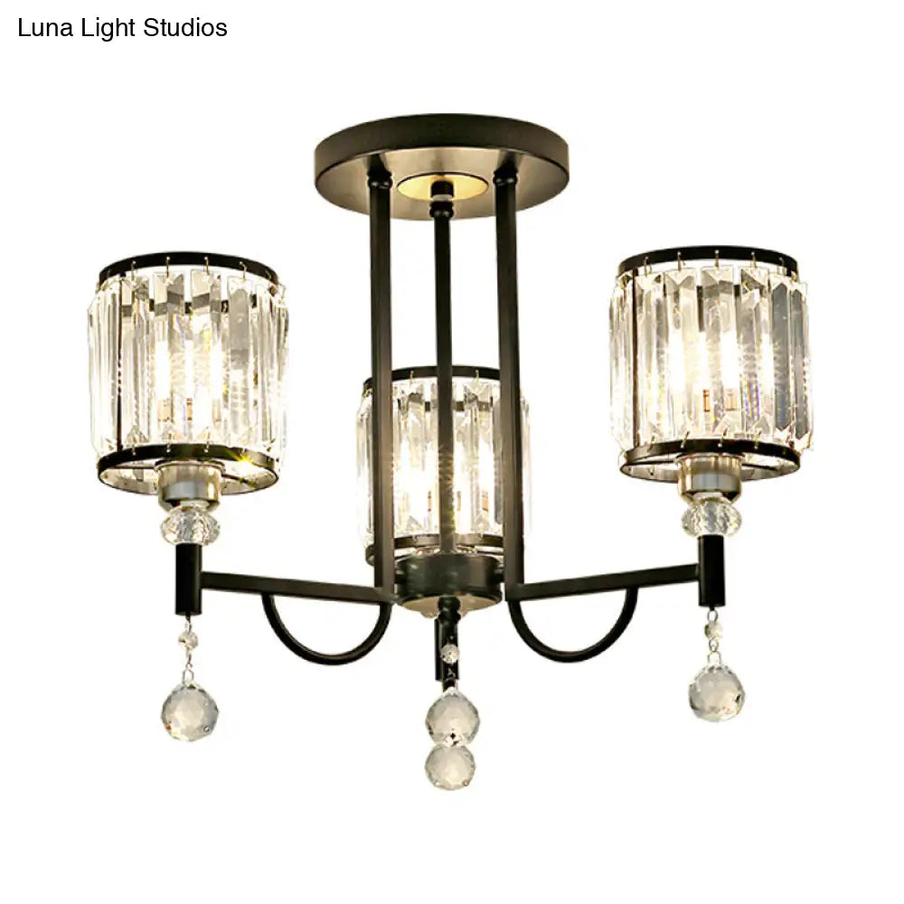Modern Crystal Semi Flush Ceiling Light With Black Cylinder Design Ideal For Bedroom