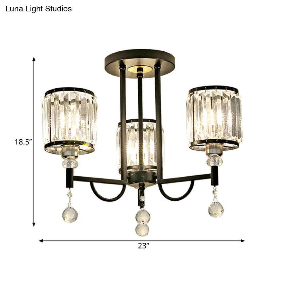 Modern Crystal Semi Flush Ceiling Light With Black Cylinder Design Ideal For Bedroom