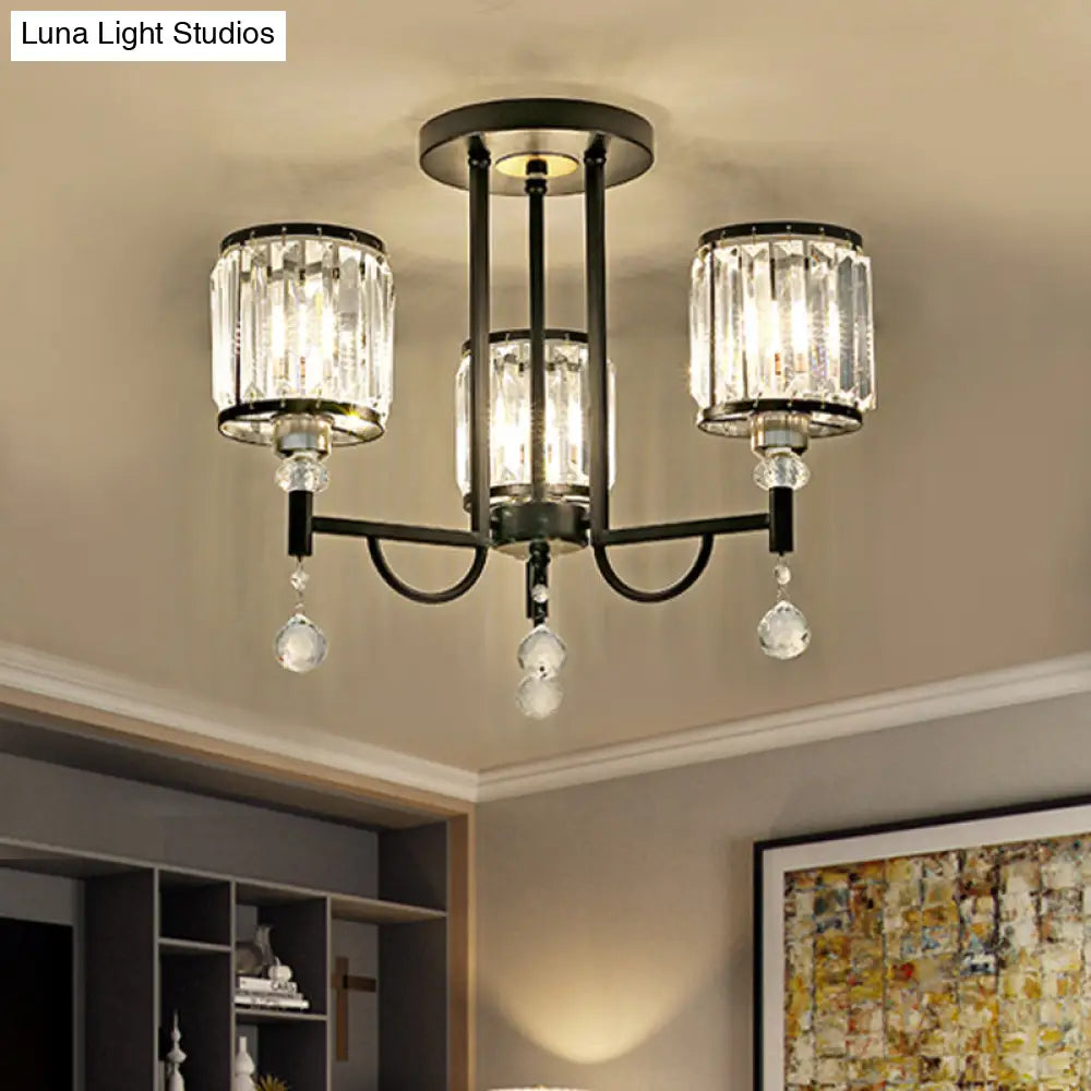 Modern Crystal Semi Flush Ceiling Light With Black Cylinder Design Ideal For Bedroom