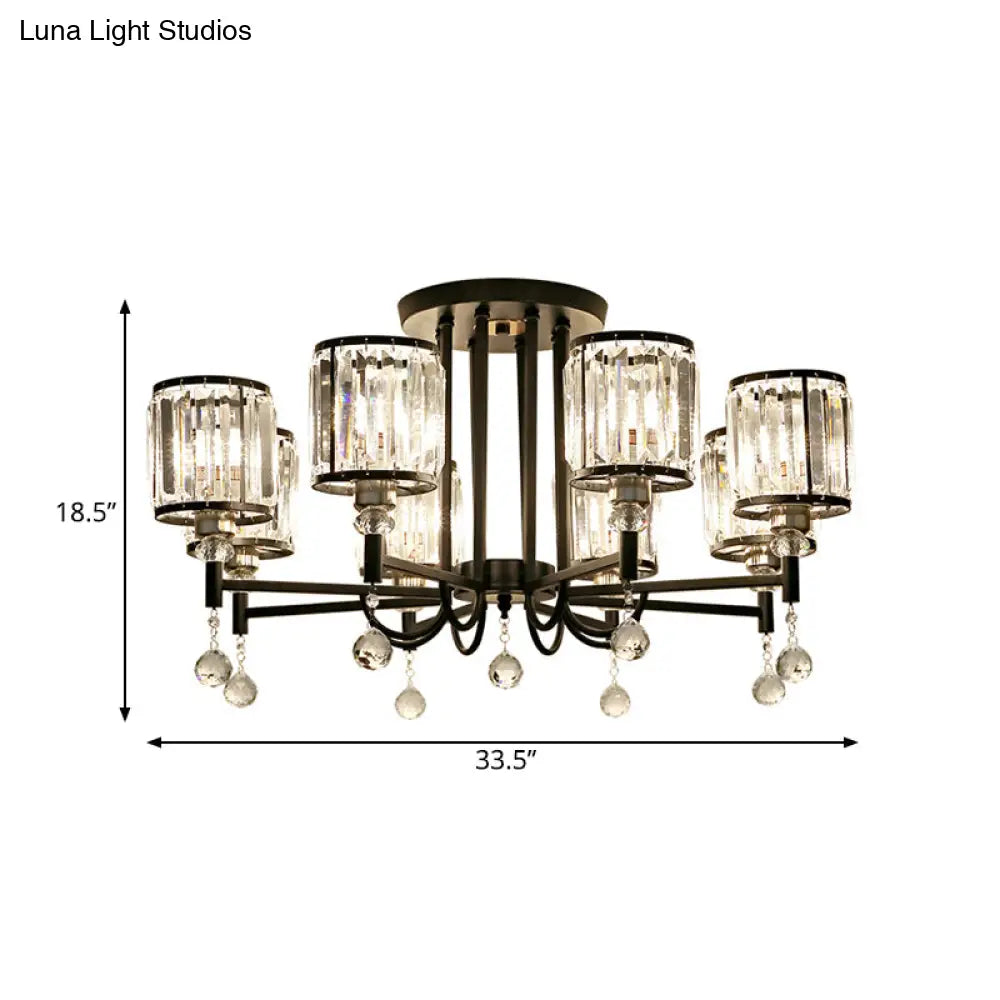 Modern Crystal Semi Flush Ceiling Light With Black Cylinder Design Ideal For Bedroom