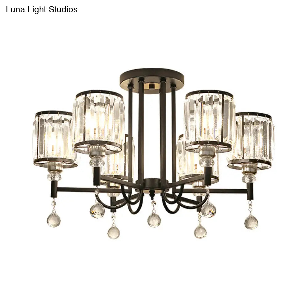 Modern Crystal Semi Flush Ceiling Light With Black Cylinder Design Ideal For Bedroom