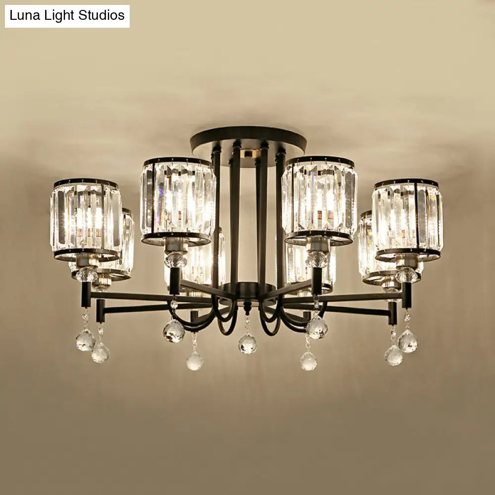 Modern Crystal Semi Flush Ceiling Light With Black Cylinder Design Ideal For Bedroom