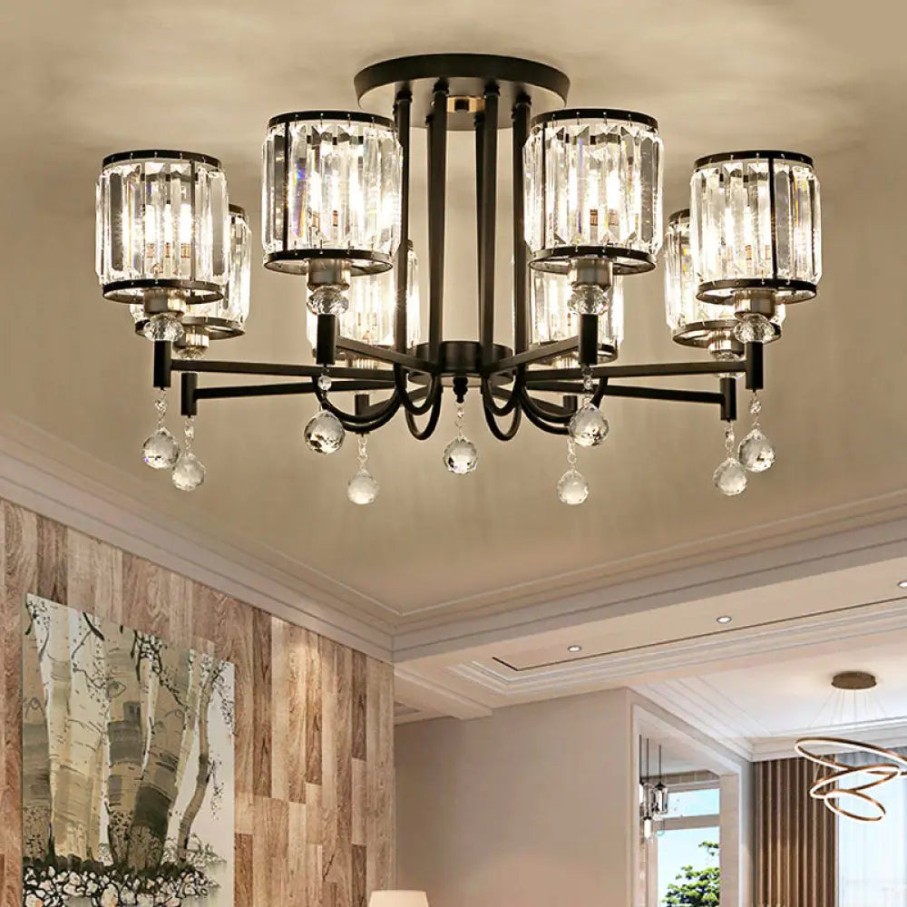 Modern Crystal Semi Flush Ceiling Light With Black Cylinder Design Ideal For Bedroom 8 /