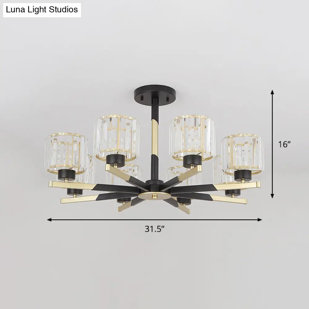 Modern Cylindrical Crystal Semi Flush Chandelier In Black - 6/8 - Head Living Room Ceiling Light