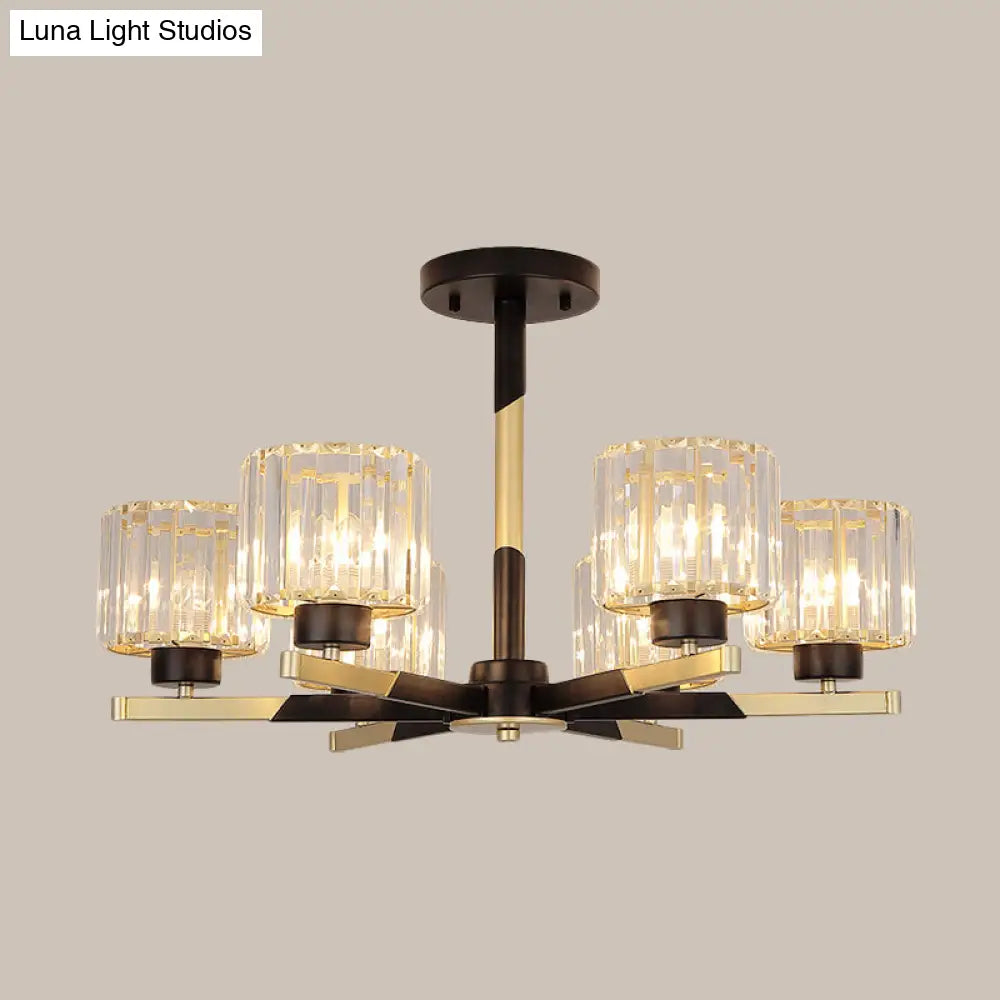 Modern Cylindrical Crystal Semi Flush Chandelier In Black - 6/8 - Head Living Room Ceiling Light