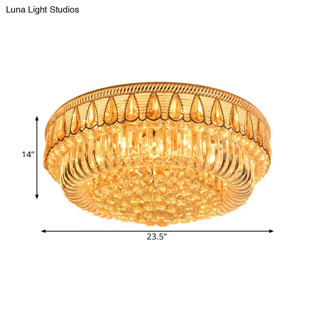 Modern Gold Drum Flush Mount Ceiling Light With 7 Clear Crystal Orbs - Ideal For Living Room