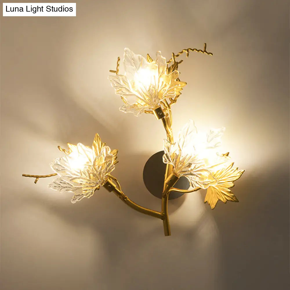 Modern Gold Maple Leaf Glass Sconce - Clear 3-Light Wall Fixture For Dining Room Lighting