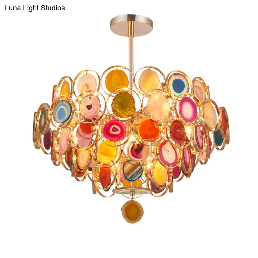 Modern Gold Metal Chandelier Light With Colorful Agates - 5-Tiered Ceiling Pendant 12-Light Design