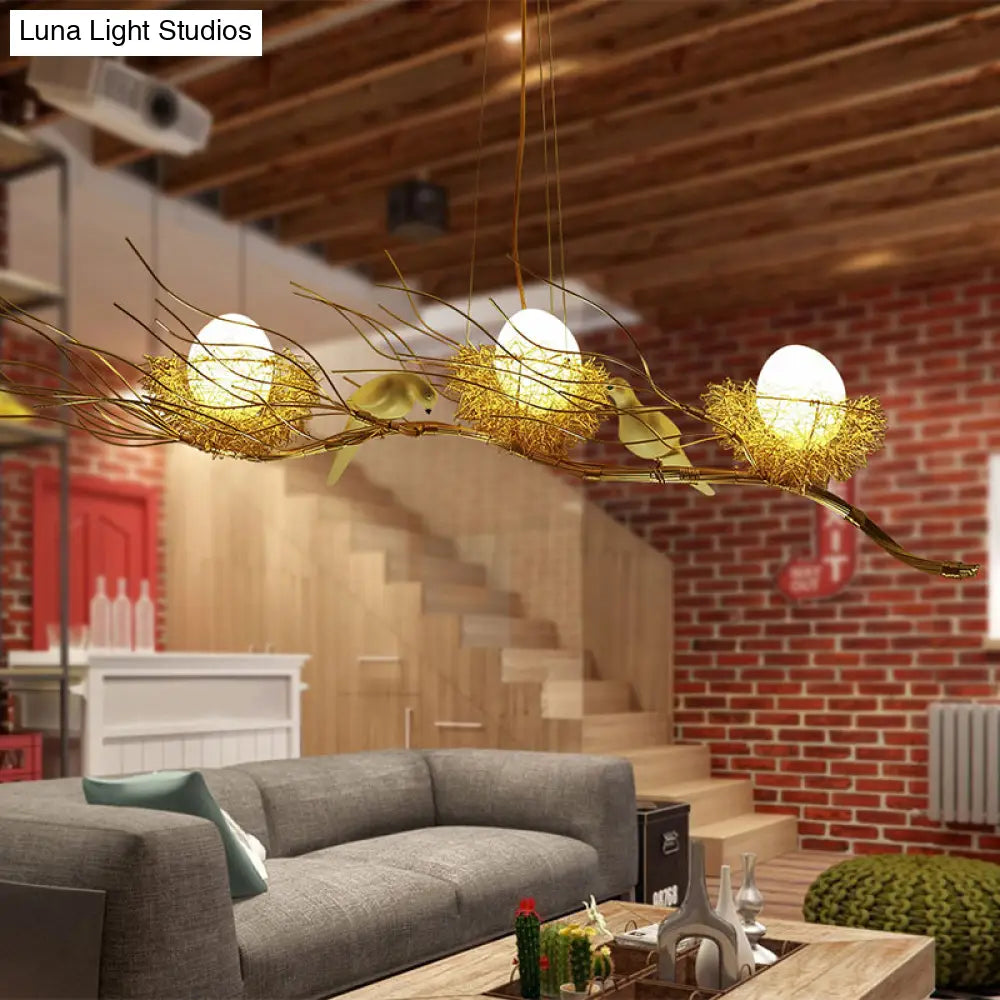 Modern Gold Nest Island Pendant Chandelier With Bird Decor - 3 Head Metal Lighting