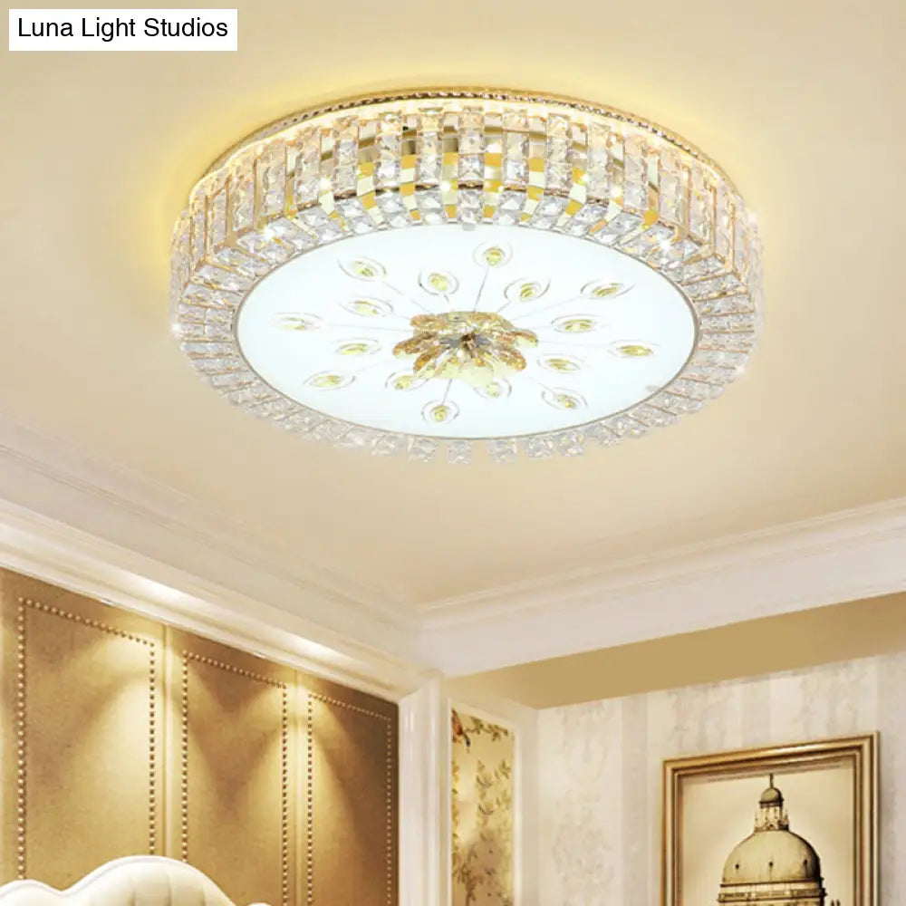 Modern Led Crystal Drum Ceiling Lamp With Flush Mount In Gold Finish For Bedrooms