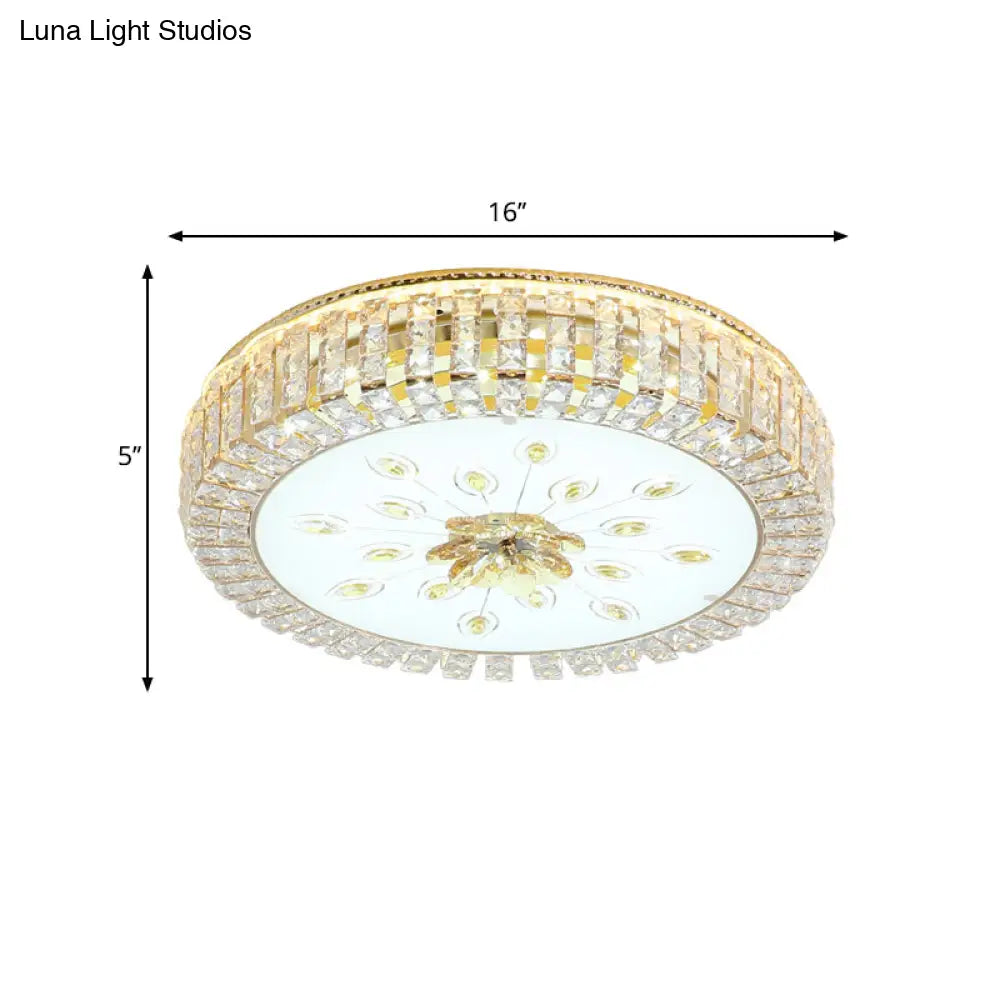 Modern Led Crystal Drum Ceiling Lamp With Flush Mount In Gold Finish For Bedrooms