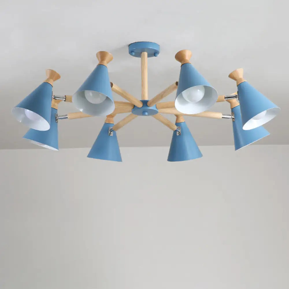 Modern Metal Cone Chandelier With 8 Bulbs - Stylish Pendant Light Fixture For Living Room Wood Cork