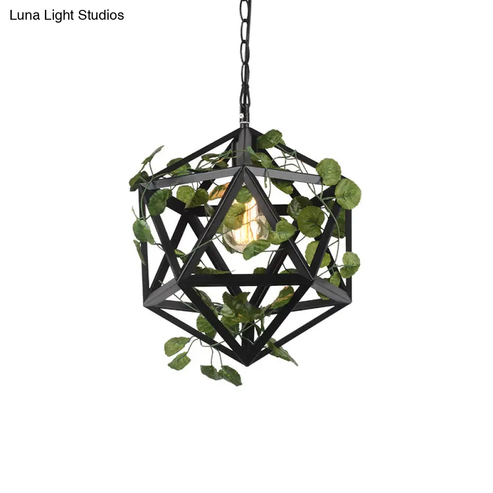 Modern Metal Geometric Pendant Light With Fake Vine Ideal For Restaurants Ceiling Mount Black Finish