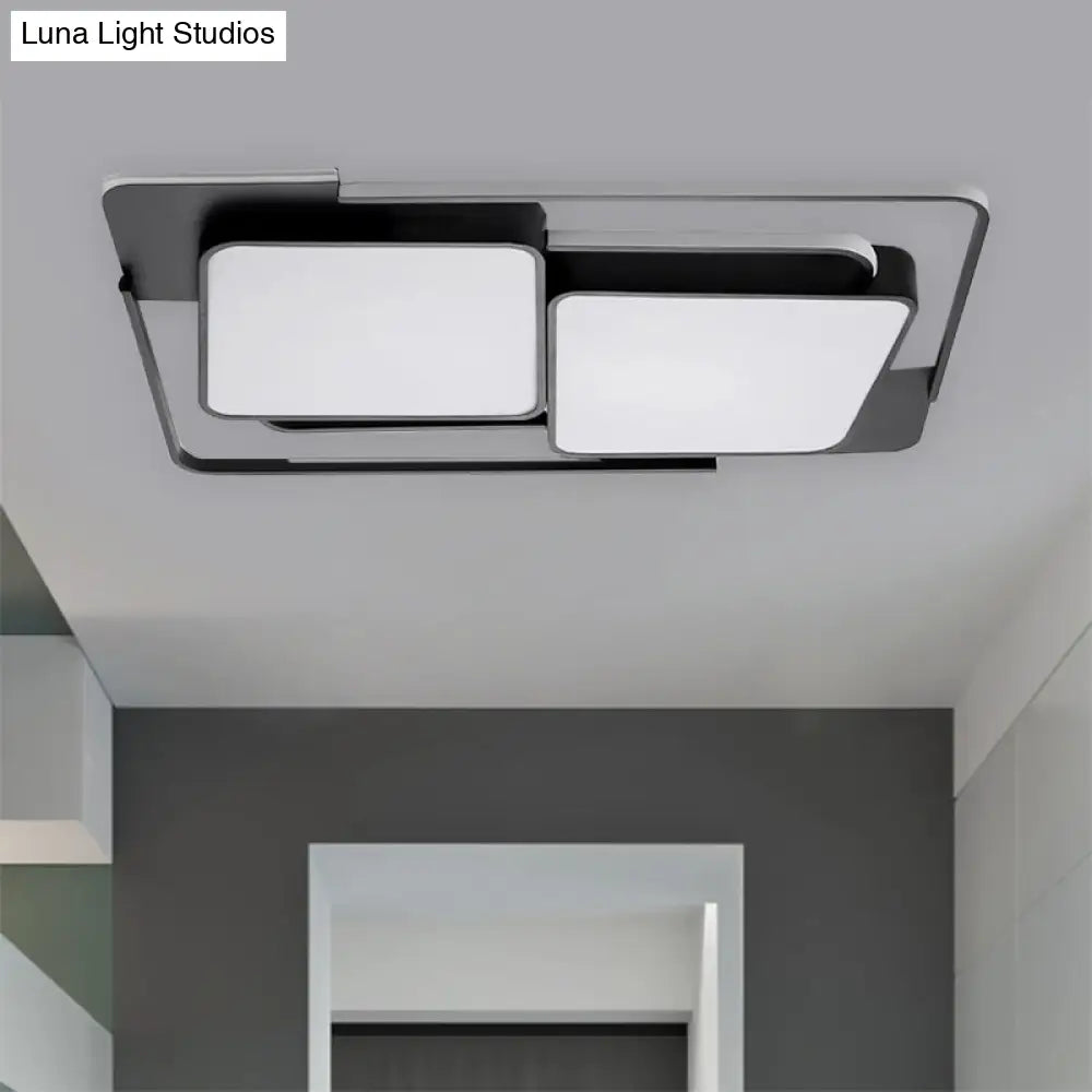 Modern Metal Led Flush Ceiling Light For Living Room - Rectangular White/Black Fixture With Warm