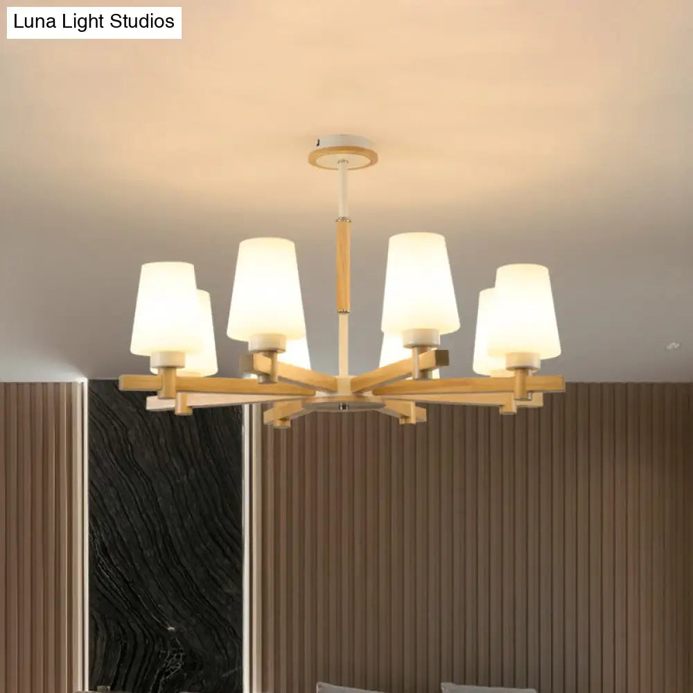 Modern Milk Glass Chandelier With Wood Suspension For Living Room Lighting