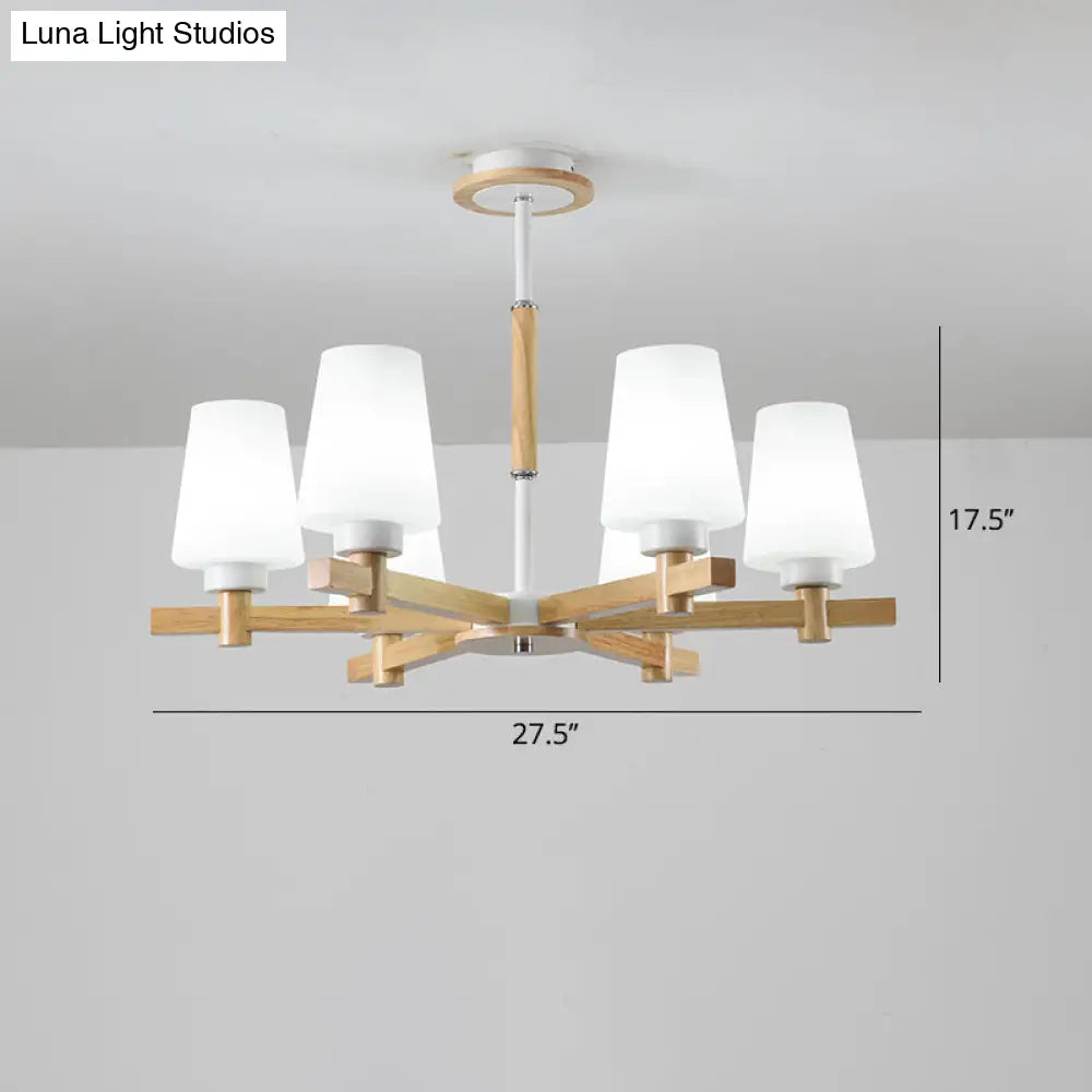 Modern Milk Glass Chandelier With Wood Suspension For Living Room Lighting