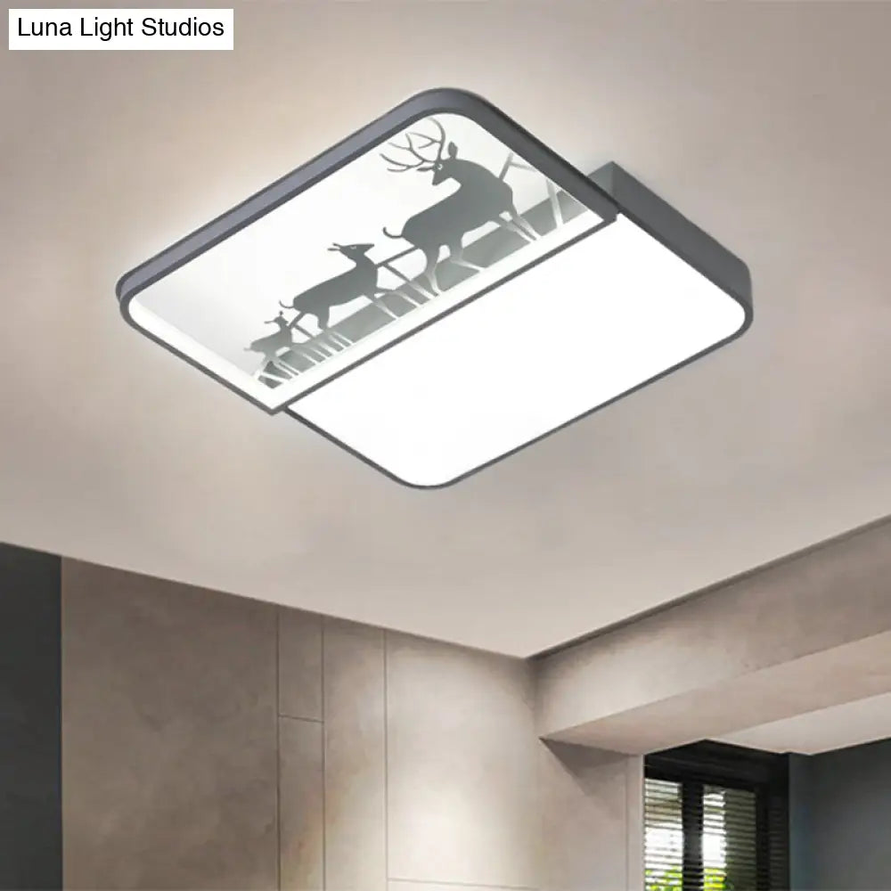 Modern Nordic Led Flush Ceiling Light - Black/Grey Deer Mount With Aluminum Square Shade