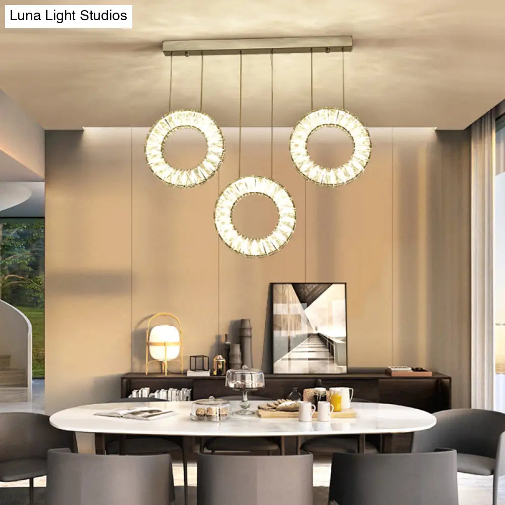 Modern Round Cluster Pendant Light- Crystal 3 Bulb Suspended Fixture In Nickel