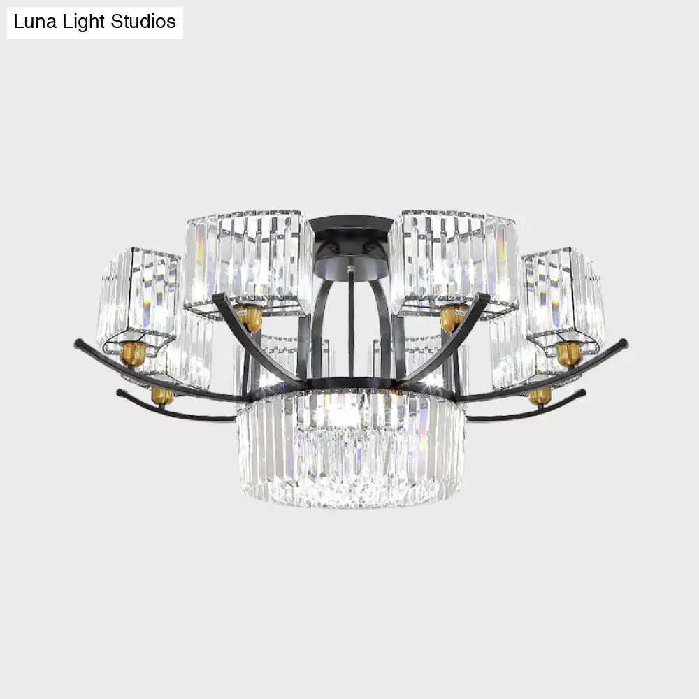 Modern Sputnik Crystal Block Flush Light Fixture - 9/12 Head Semi Mount In Black
