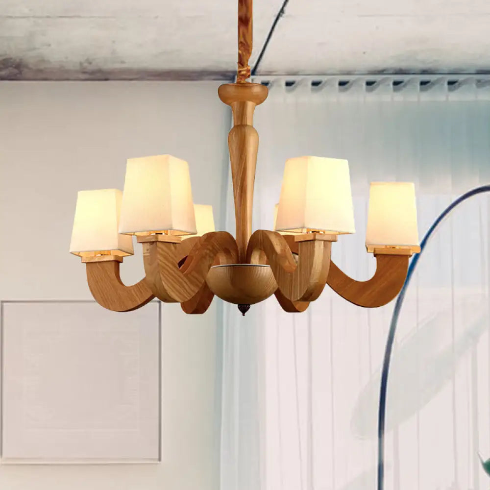 Modern Wood Chandelier With Curved Arms And Trapezoid Fabric Shades - 6 Head Ceiling Lamp