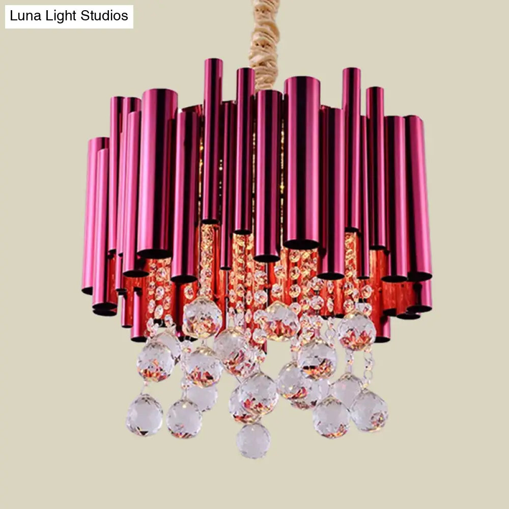 Modernist 6-Light Slim Tube Chandelier In Gold/Rose Red Finish With Crystal Ball Accents