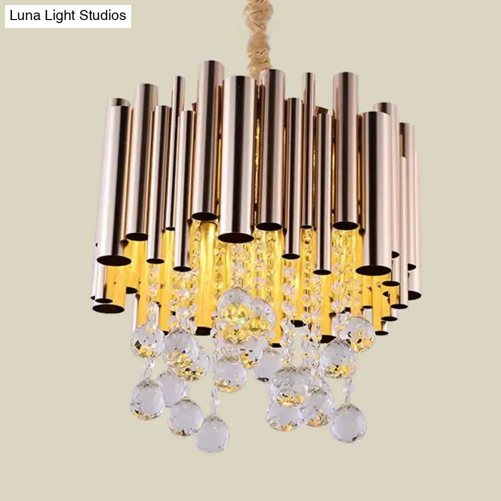 Modernist 6-Light Slim Tube Chandelier In Gold/Rose Red Finish With Crystal Ball Accents