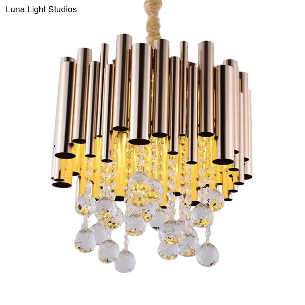 Modernist 6-Light Slim Tube Chandelier In Gold/Rose Red Finish With Crystal Ball Accents
