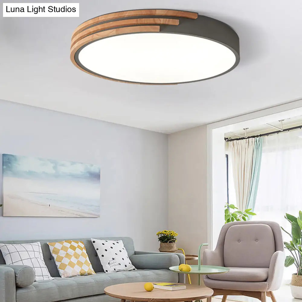 Nordic Style Round Flush Mount Ceiling Light - Wood & Acrylic Fixture In Grey/White/Green 16 Width