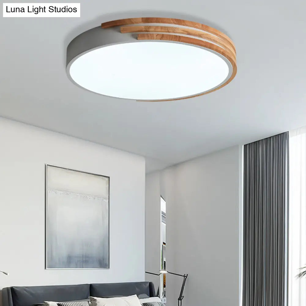 Nordic Style Round Flush Mount Ceiling Light - Wood & Acrylic Fixture In Grey/White/Green 16 Width
