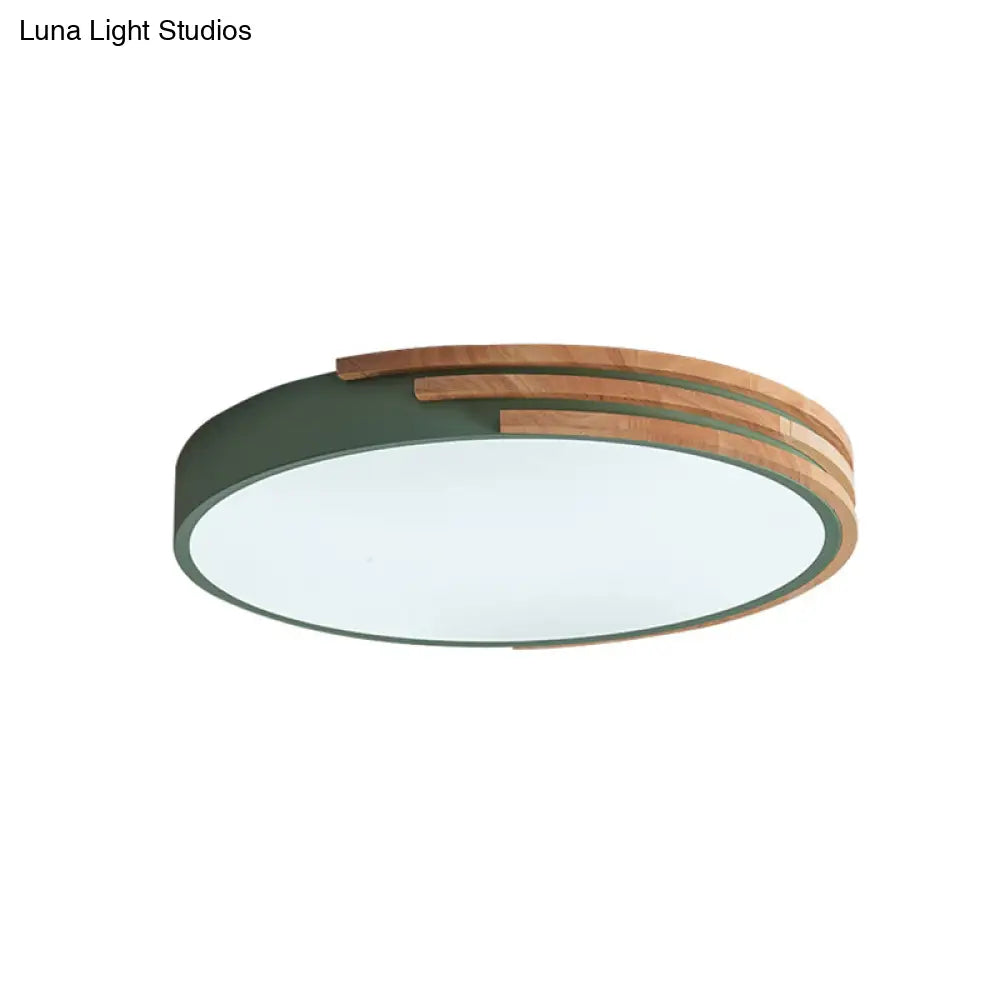 Nordic Style Round Flush Mount Ceiling Light - Wood & Acrylic Fixture In Grey/White/Green 16’ Width