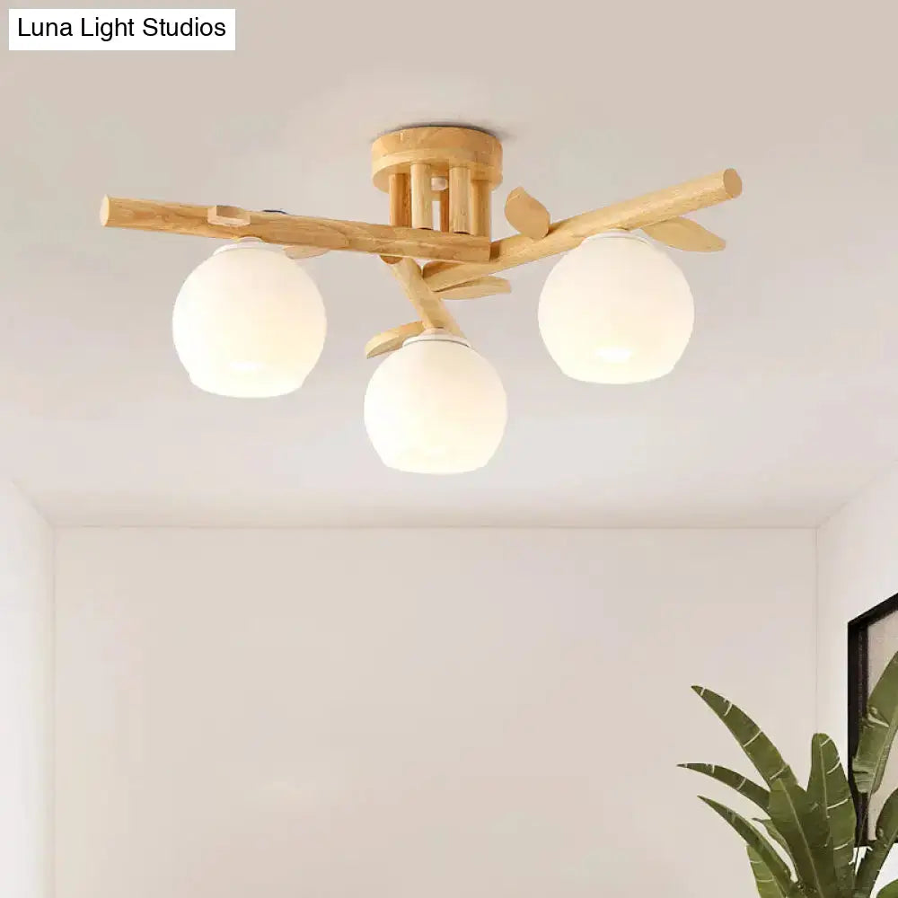 Nordic Wood Semi Flush Light With Cream Glass Sphere And Branch-Like Decor