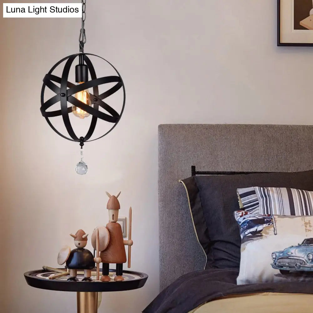 One Light Strap Globe Pendant Industrial Black Metal Ceiling With/Without Crystal Ball