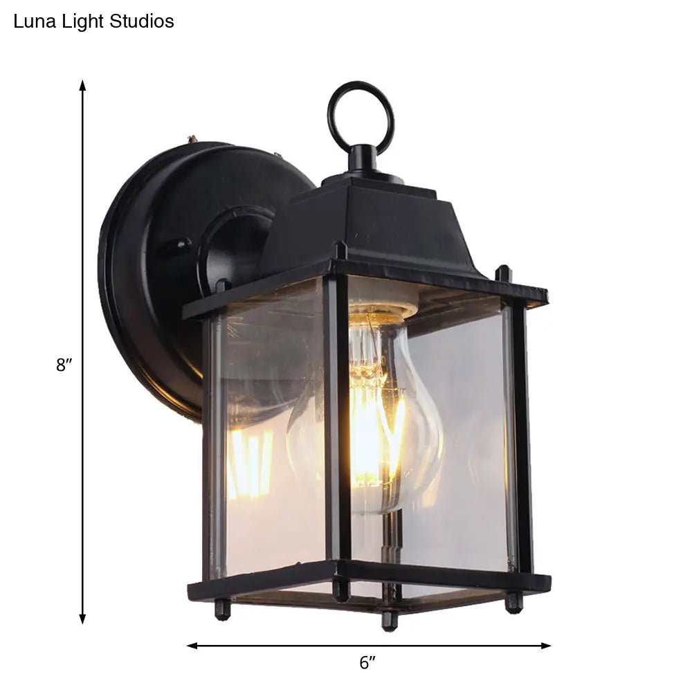 Outdoor Black Wall Mounted Sconce Lamp - Industrial Square Shade Clear Glass 1 Bulb