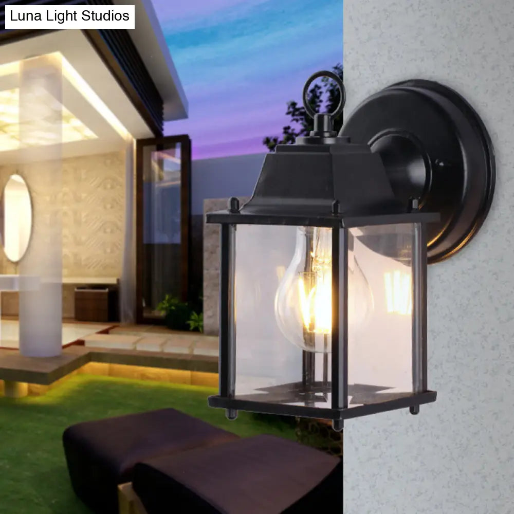 Outdoor Black Wall Mounted Sconce Lamp - Industrial Square Shade Clear Glass 1 Bulb