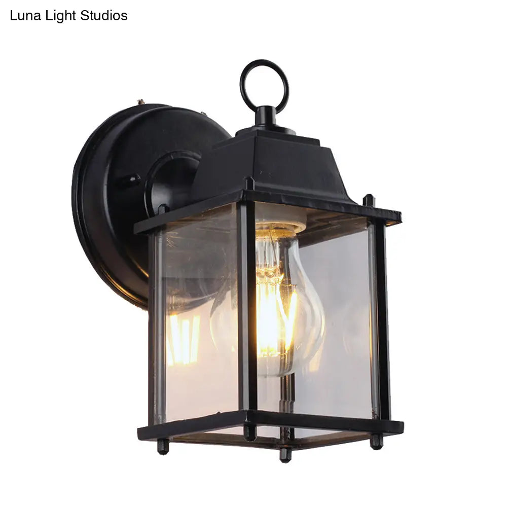 Outdoor Black Wall Mounted Sconce Lamp - Industrial Square Shade Clear Glass 1 Bulb