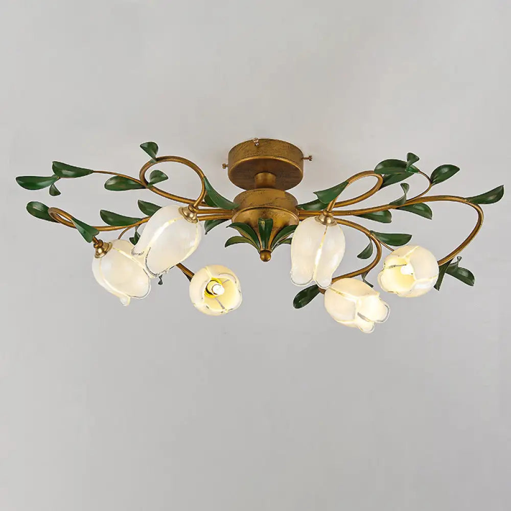 Pomegranate Flower Flushmount Glass Ceiling Light - 6 - Head Semi Flush Mount For Dining Room White