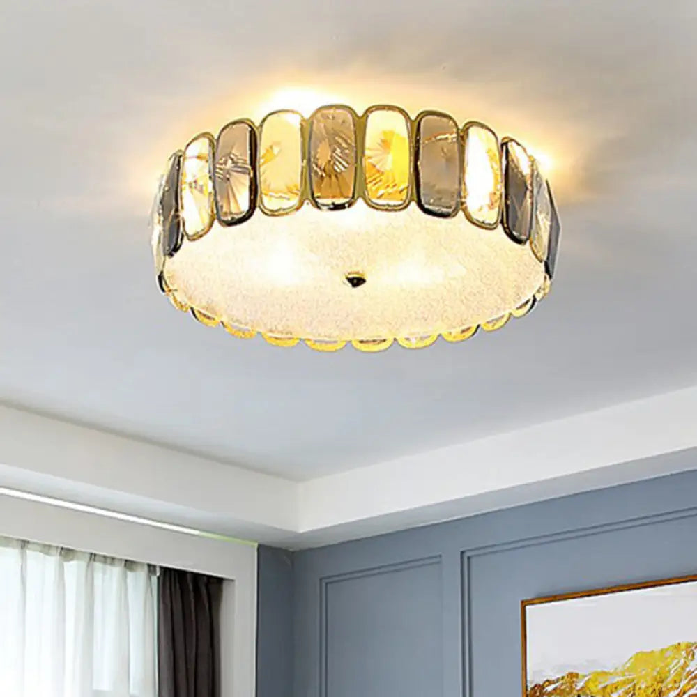 Postmodern Drum Ceiling Flush Light Fixture With Smoky And Amber Crystal Led Mount In Brass For